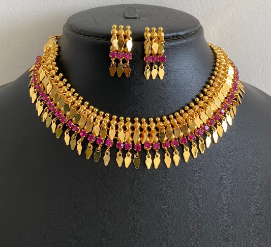 Gold tone ruby stone elakka thali choker necklace set dj-54314