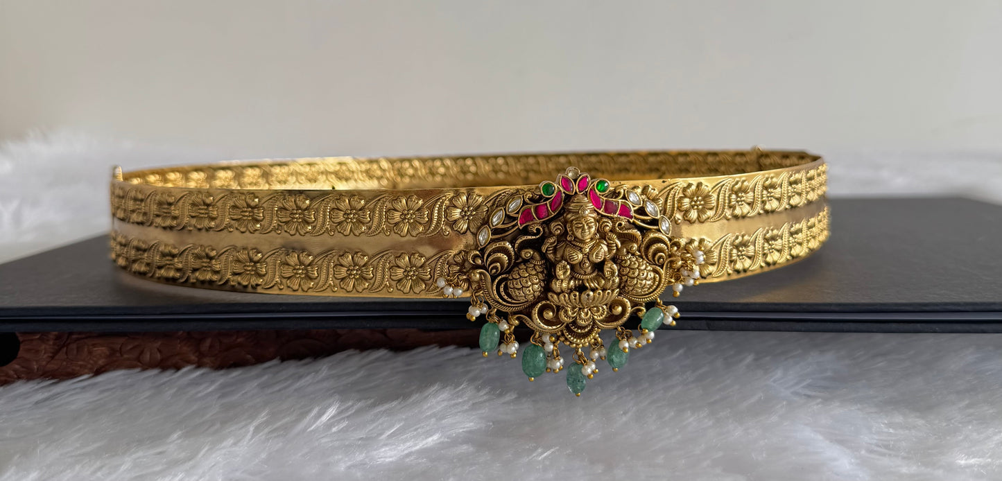 Antique gold tone pink-green kundan jadau lakshmi waist band dj-50402