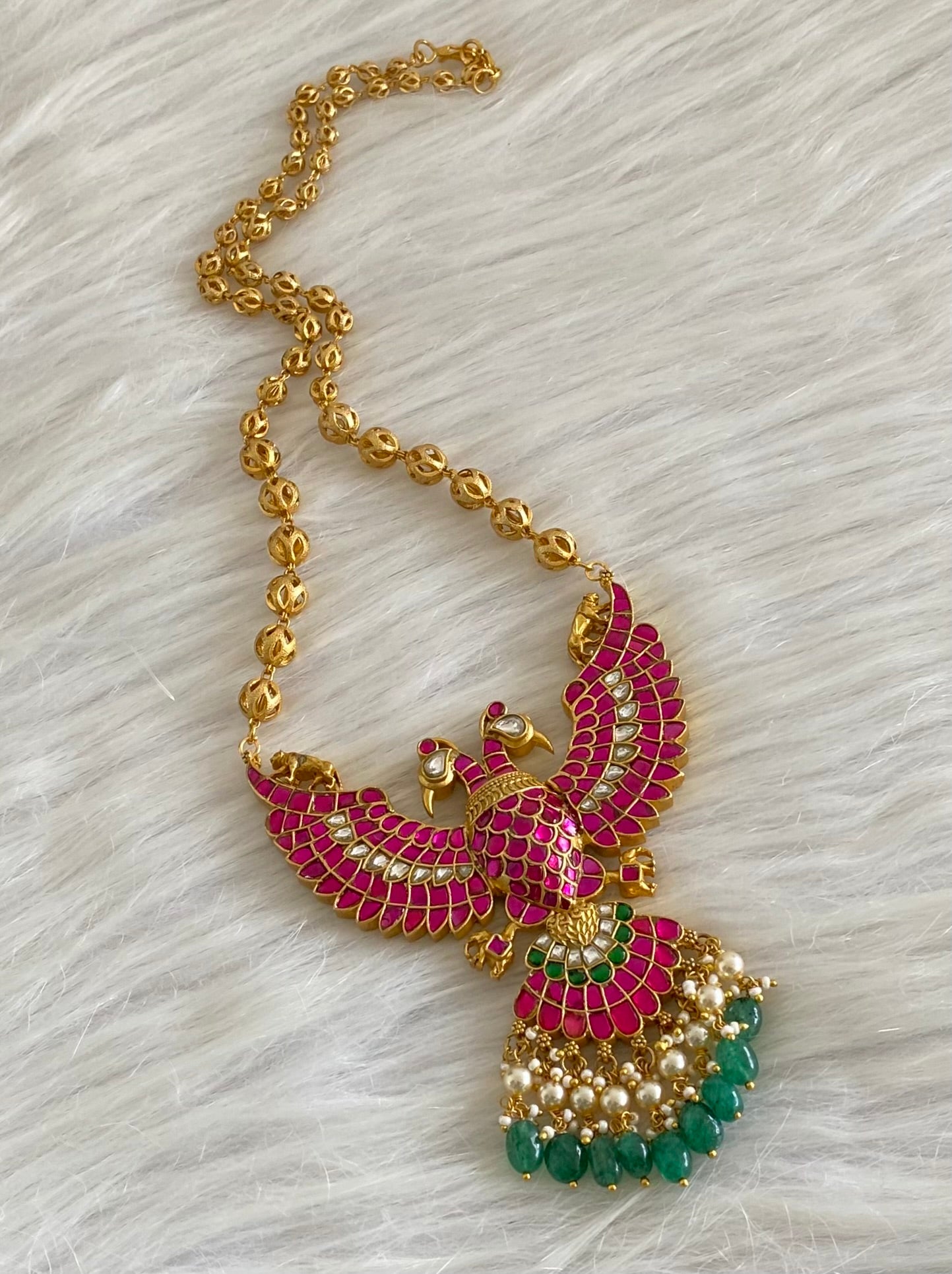 Gold tone pink-green-white kundan jadau gandaberunda reversible pendant,chain dj-53938