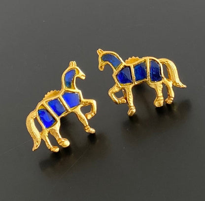 Gold tone blue kundan jadau horse earrings dj-53542