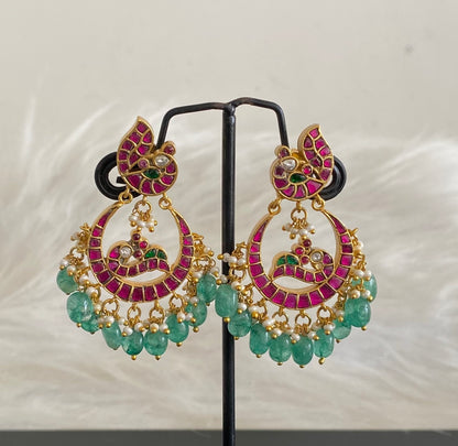 Gold tone pink-green stone peacock kundan jadau bali earrings dj-54592