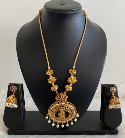 Antique gold tone lotus beaded chain with radha-krishna pendant set dj-55115