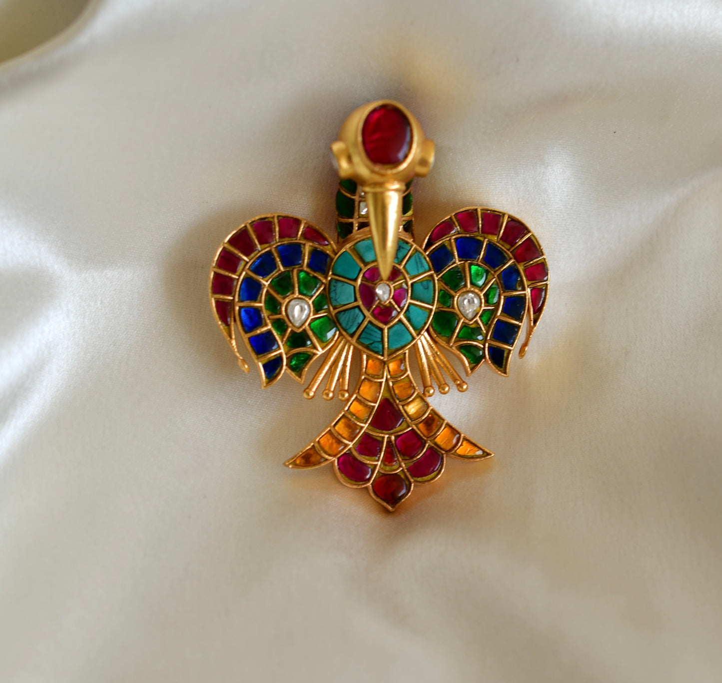 Matte finish Navarathna kundan jadau bird brooch dj-52639