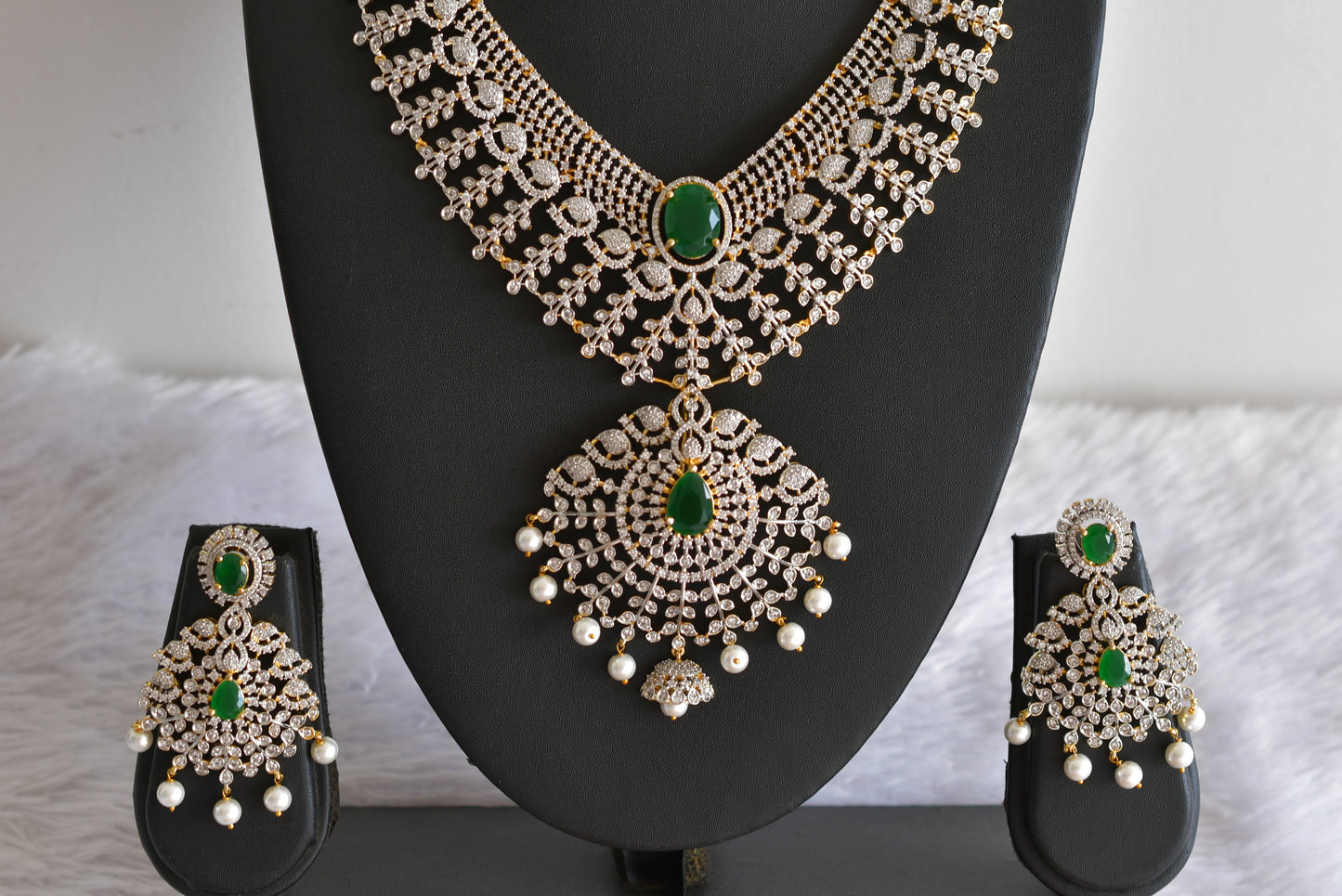 Two tone emerald-white bridal big necklace set dj-51981