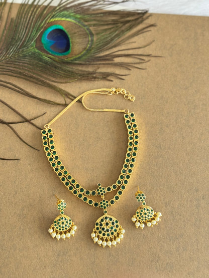 Gold tone AD green south indian style double layer necklace set dj-51674