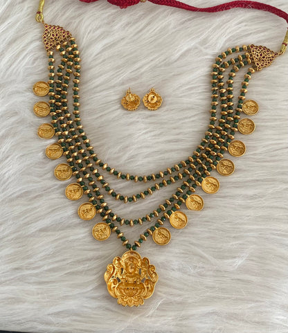 Antique gold tone green beaded layers lakshmi short haar set dj-54968