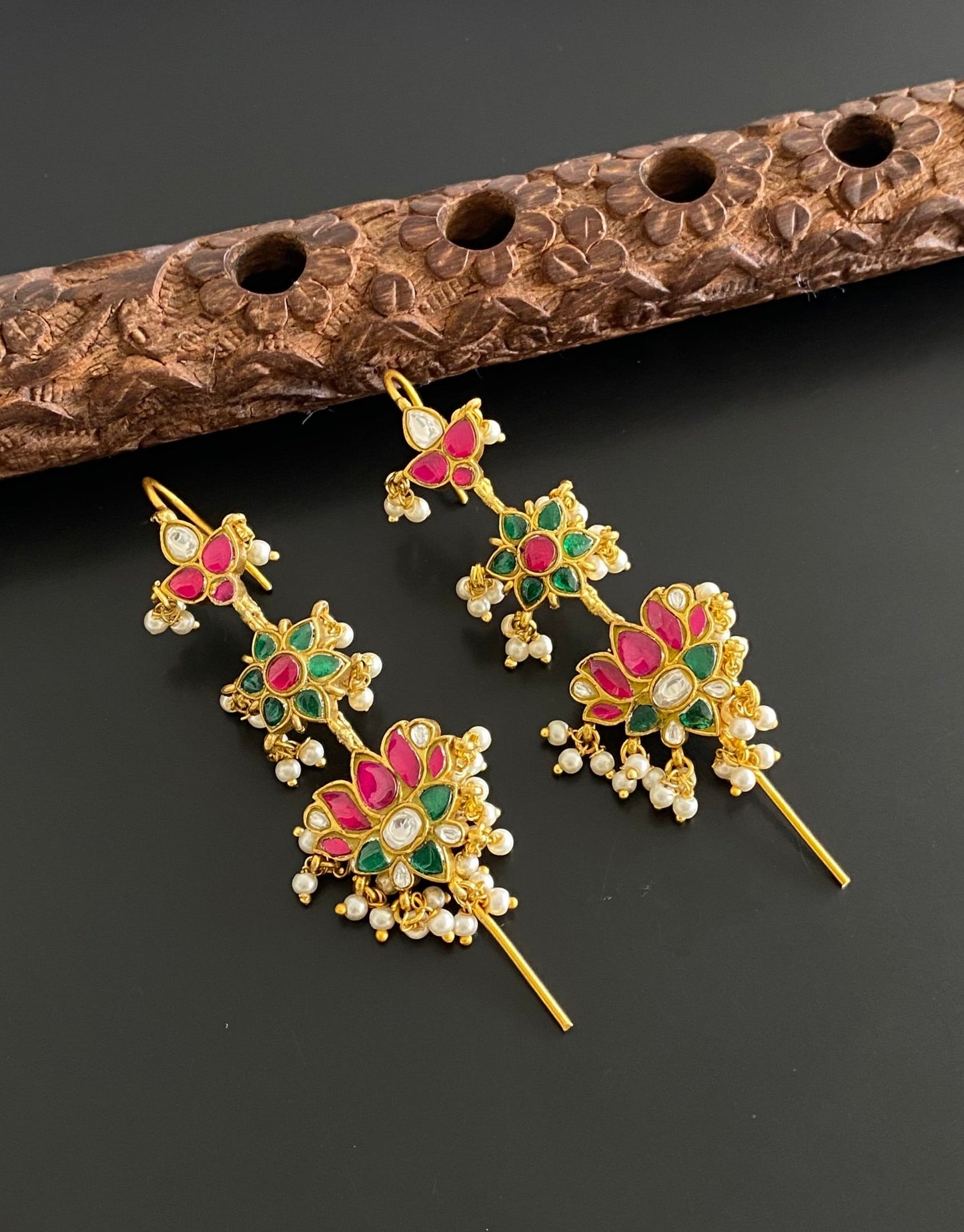 Gold tone pink-green-white kundan jadau lotus bugadi needle earrings dj-54374