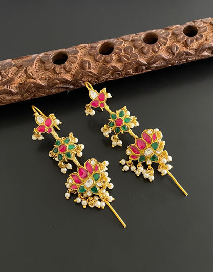 Gold tone pink-green-white kundan jadau lotus bugadi needle earrings dj-54374