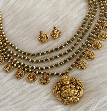 Antique gold tone green beaded layers lakshmi short haar set dj-54968