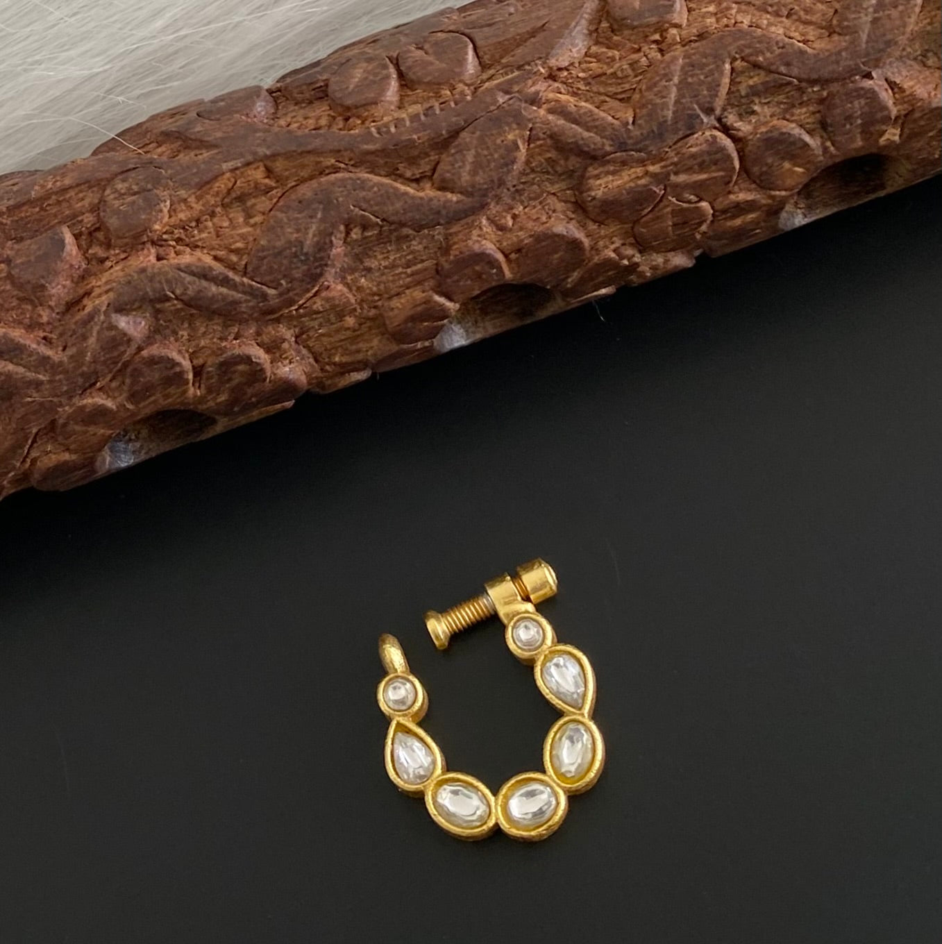Gold tone kundan jadau white stone nose pin dj-53730