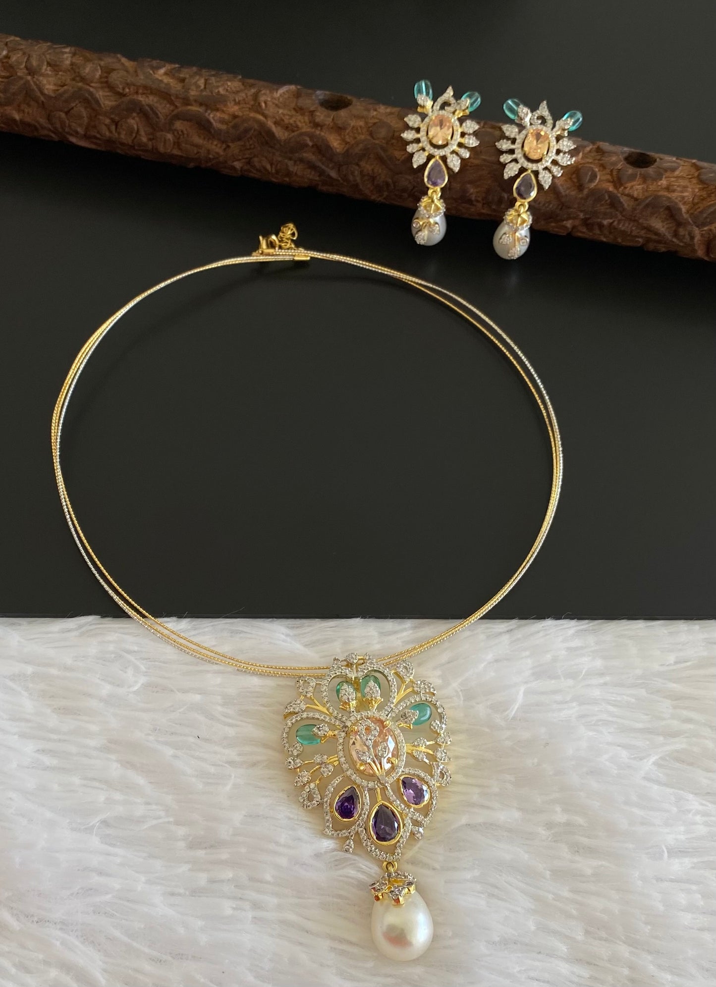 Two tone cz sea green-purple stone pendant set with kanti necklace dj-53998