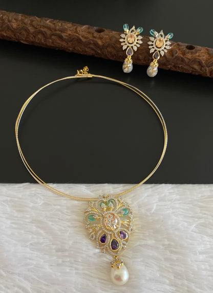 Two tone cz sea green-purple stone pendant set with kanti necklace dj-53998