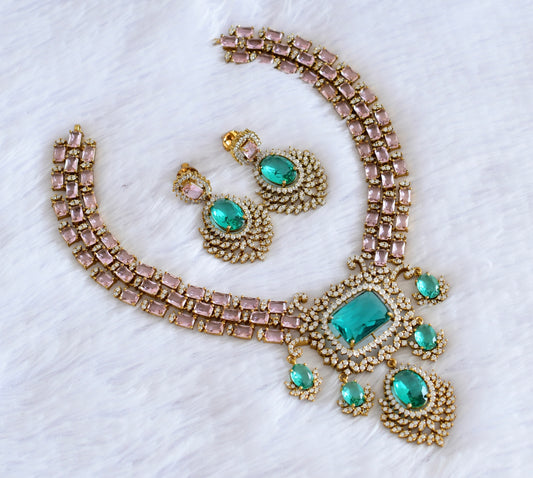 Antique gold tone cz baby pink- green necklace set dj-53019