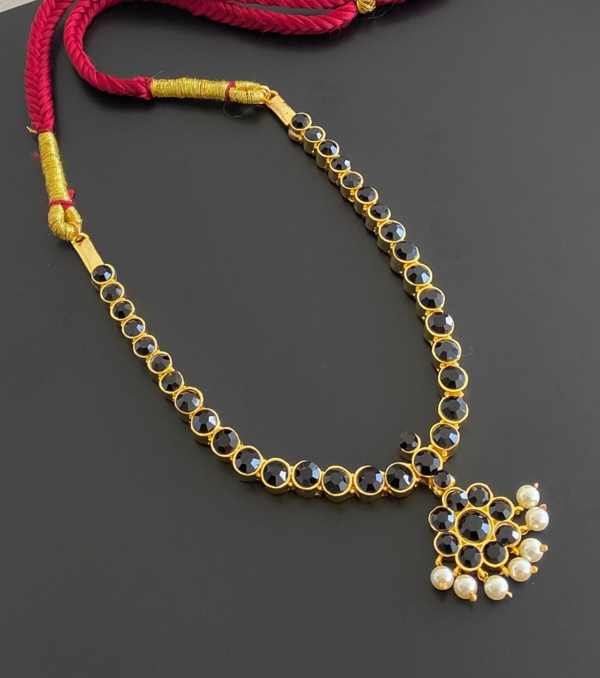 Gold tone AD black stone pearl attigai necklace dj-54987