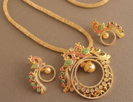 Gold tone cz ruby-emerald peacock necklace set-dj05975