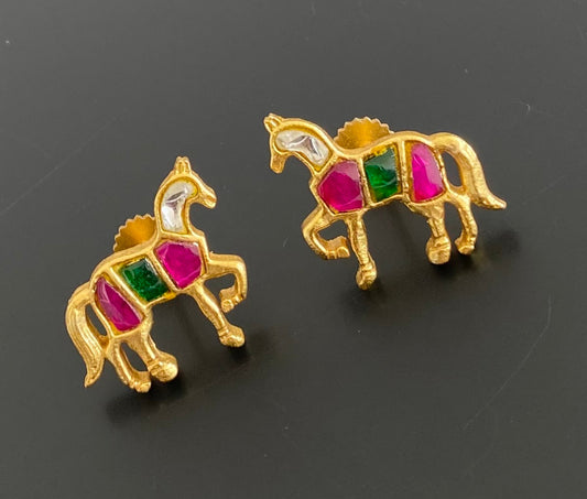 Gold tone pink-green-white kundan jadau horse earrings dj-53541