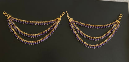 Antique gold tone purple beaded multi layer ear side chian dj-54050