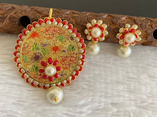 Gold tone pacchi coral-pearl round  pendent set dj-52960
