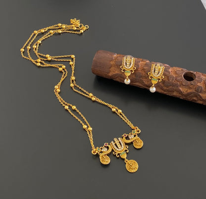 Antique gold tone 18 inches chain thirumal nama-peacock-lakshmi pendant set dj-55009