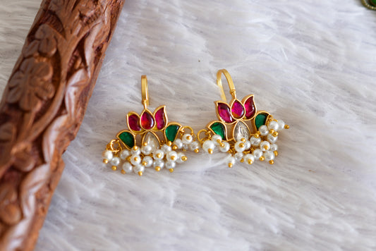 Gold tone pink-green kundan jadau lotus bugadi earrings dj-52468