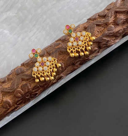 Gold tone pink-green-white stone pathakkam earrings dj-54902