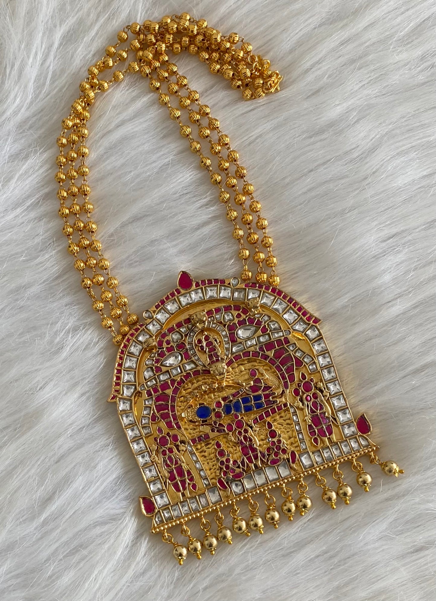 Antique gold tone pink-blue-white kundan jadau shri ranganathar necklace dj-54305