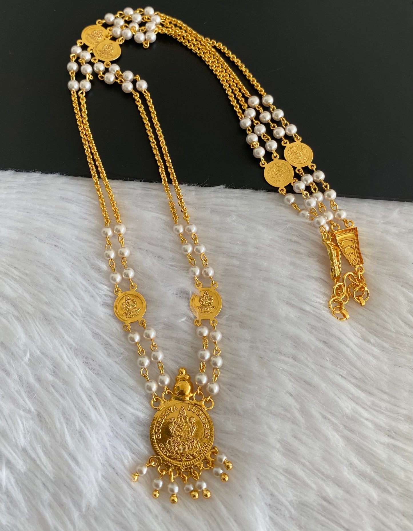 Gold tone lakshmi coin with pearl chain dj-53145
