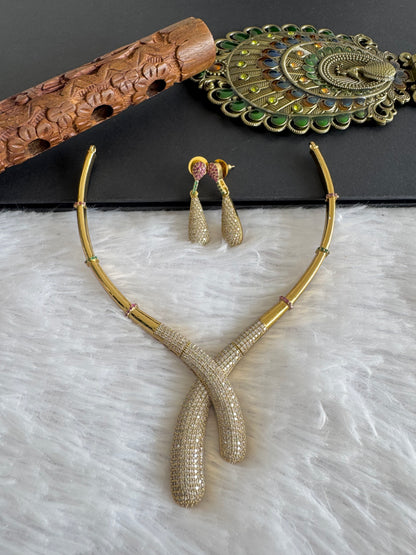 Antique gold tone cz pink-green-white kante necklace set dj-52124