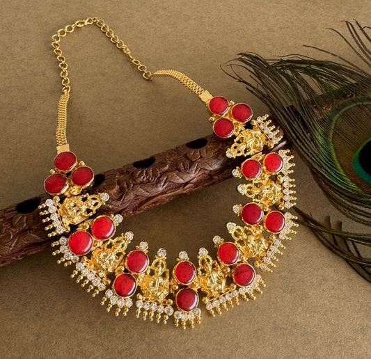 Gold tone red-white kerala style round Lakshmi necklace dj-51713