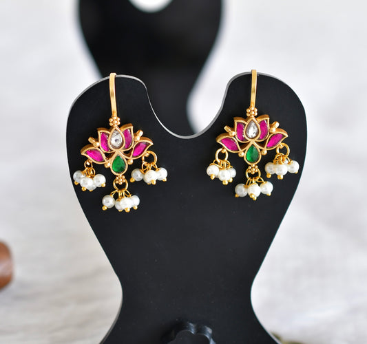 Gold tone pink-green kundan jadau lotus bugadi earrings dj-52469