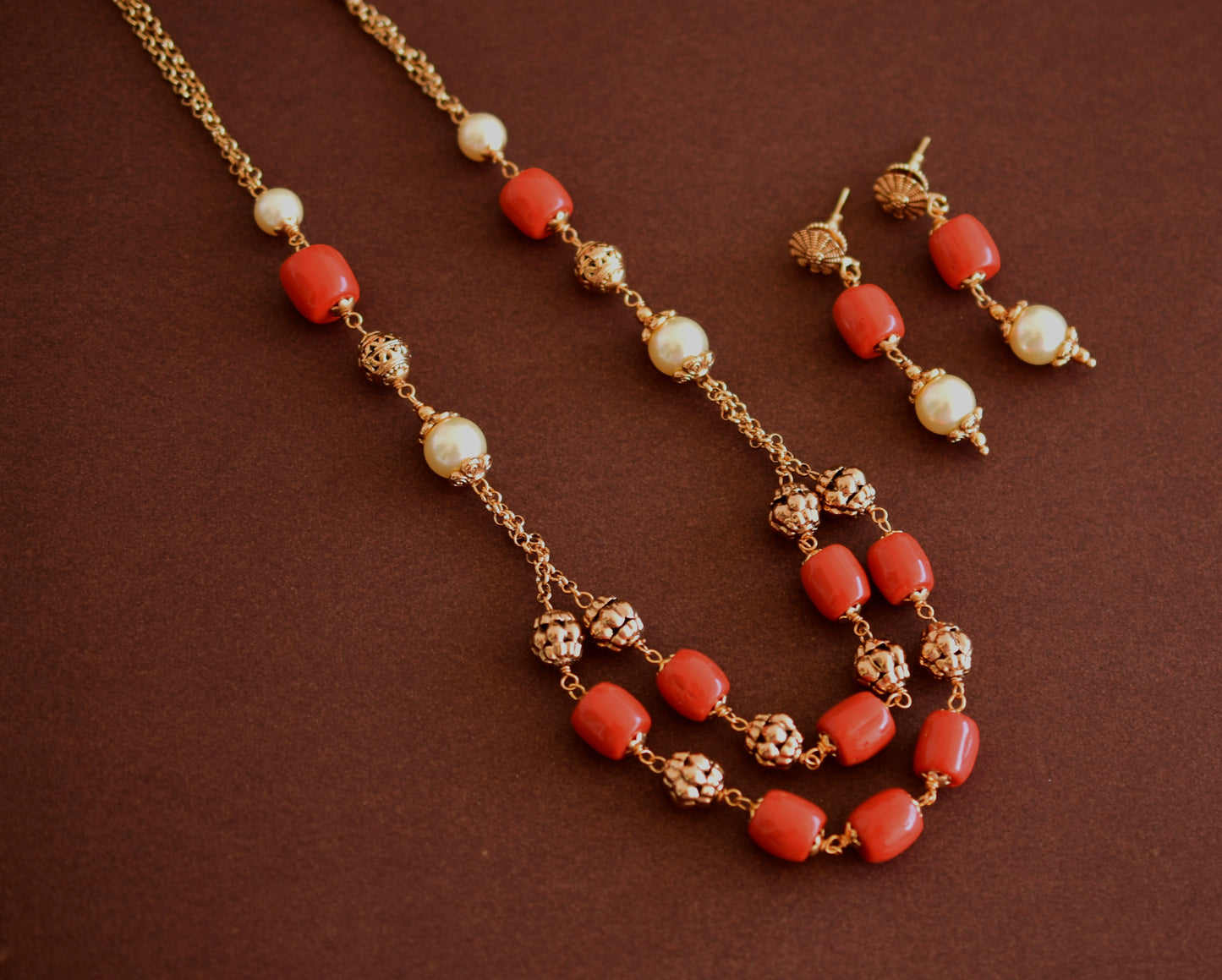 Antique gold tone pearl-coral beaded mala/necklace set dj-52692