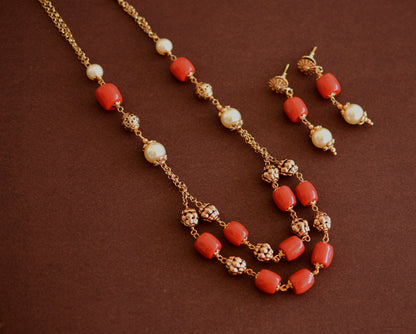 Antique gold tone pearl-coral beaded mala/necklace set dj-52692