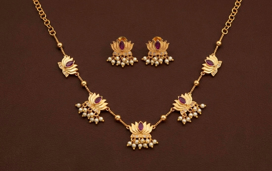 Gold tone white-pink lotus pearl necklace set dj-53335