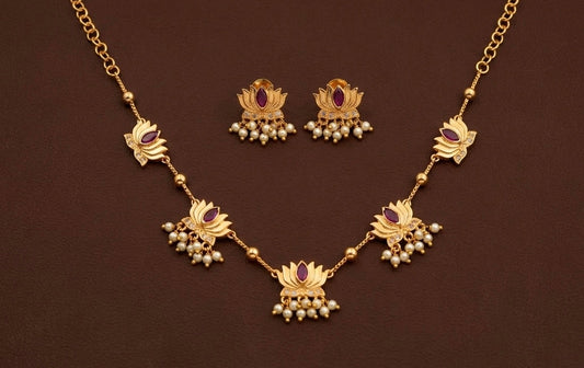 Gold tone white-pink lotus pearl necklace set dj-53335