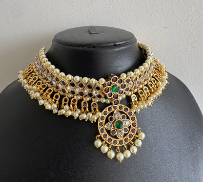 Gold tone precious kemp-green pearl attigai/necklace dj-52003