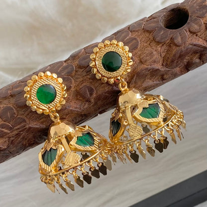 Gold tone elakka kerala style green 4 petals of palakka jhumkka dj-53921
