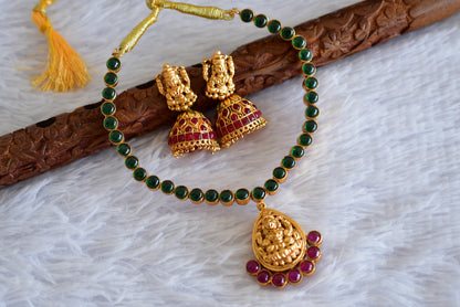 Matte finish kemp-green reversible Lakshmi necklace set dj-52412