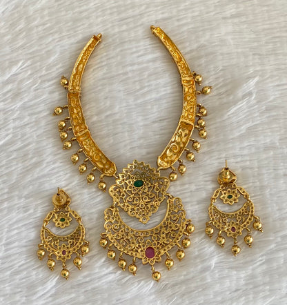 Antique gold tone kante ruby-green-white necklace set dj-54077