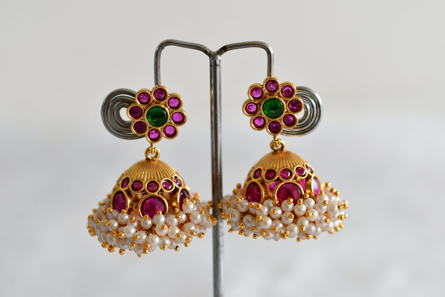 Matte finish kemp-green pearl cluster flower jhumkka dj-51858