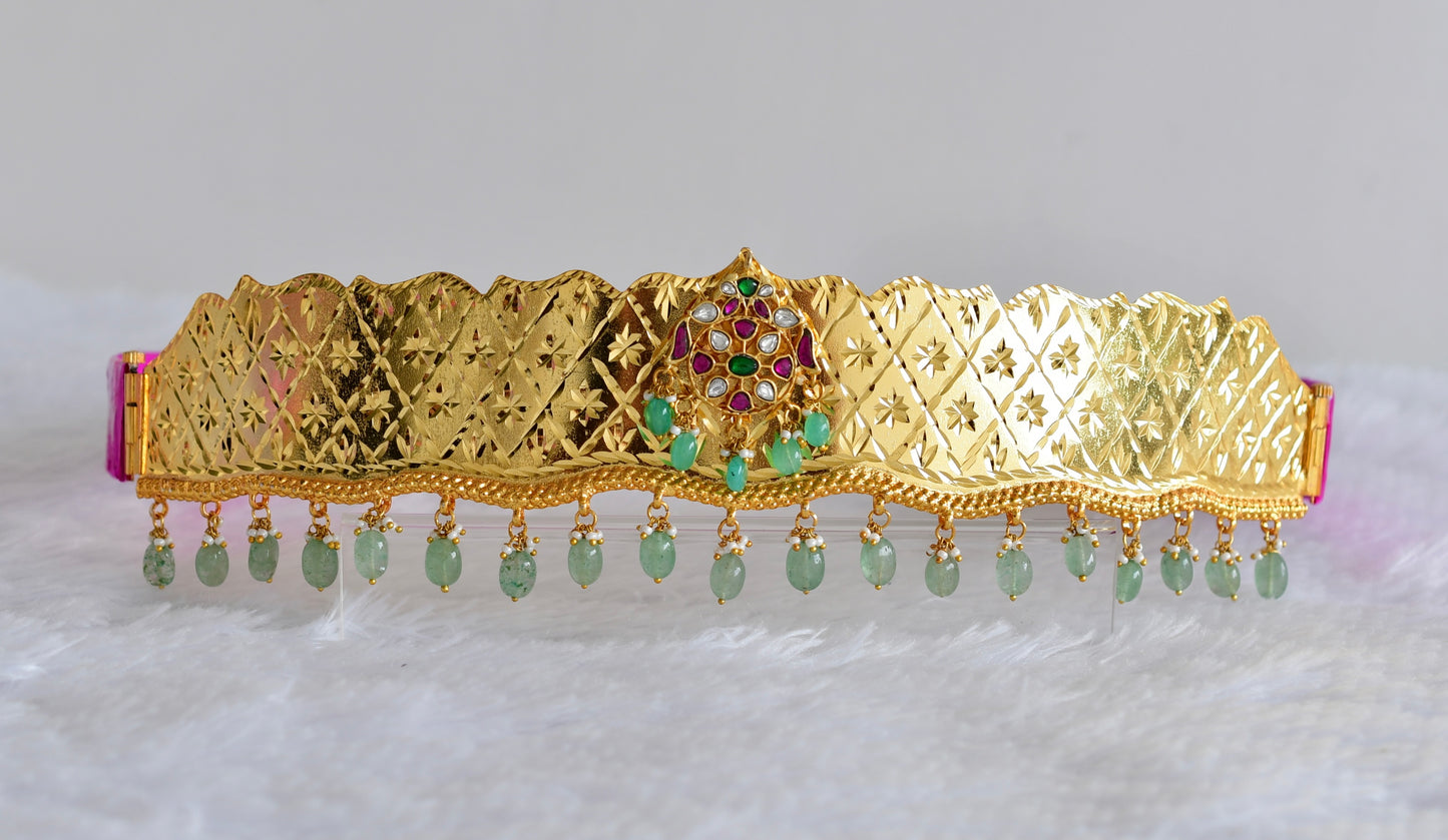 Gold tone pink-green-white kundan jadau flower waist band dj-52185