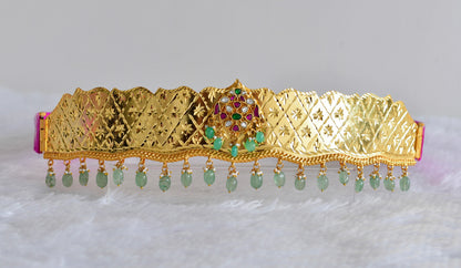 Gold tone pink-green-white kundan jadau flower waist band dj-52185