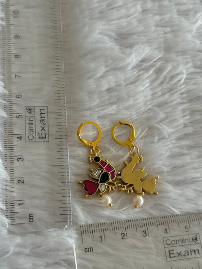 Gold tone pink-green-white kundan jadau peacock hook earrings dj-51529