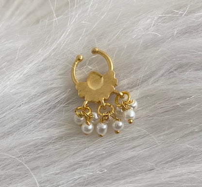 Gold tone kundan jadau pink-green stone pearl flower nose pin/bulakku dj-53793