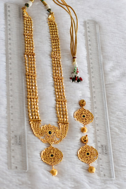 Gold tone ruby-blue beaded peacock haar set dj-51949