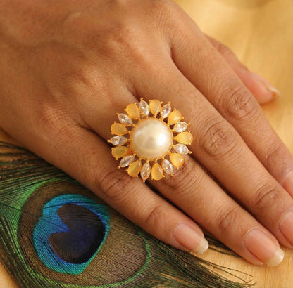 Gold tone Cz-yellow pearl Finger Ring-dj17054