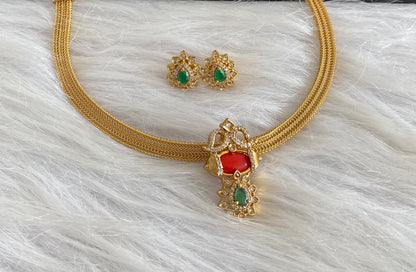 Antique gold tone coral white-green stone necklace set dj-54270