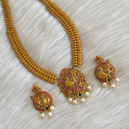 Matte finish kemp-green pearl peacock lakshmi coin haar set dj-54998