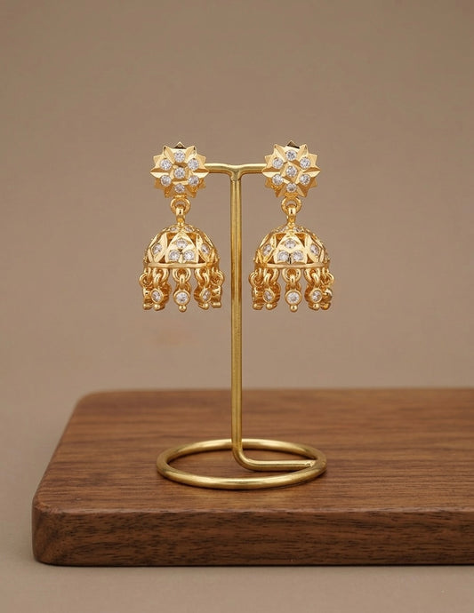 Gold tone AD white south Indian flower jhumkka dj-53266