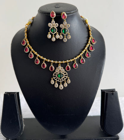 Antique gold tone cz magenta pink-green-white kante necklace set dj-52126