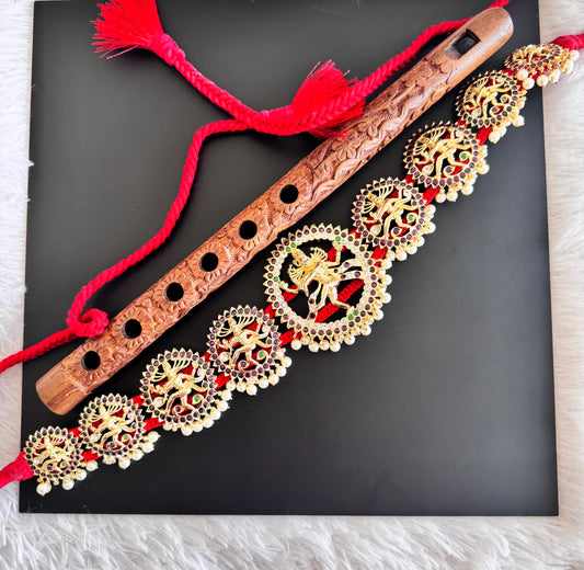 Gold tone precious kemp-green pearl Shri Natarajar waist band dj-52542